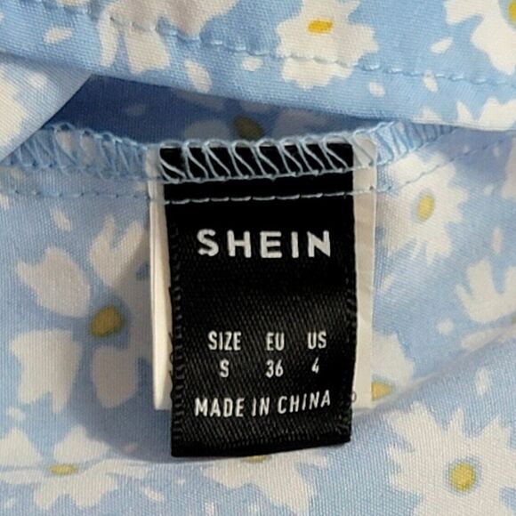 Shein Dress Womens Small / 4 Blue White Floral Sleeveless Pleated Ruffle Waist - Picture 8 of 10
